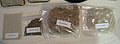 Four products of hemp. Left to right: Hemp fabric, hemp parings, hemp fibres, hemp wool