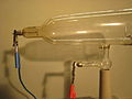 The cathode (blue cable) and the anode (red cable)